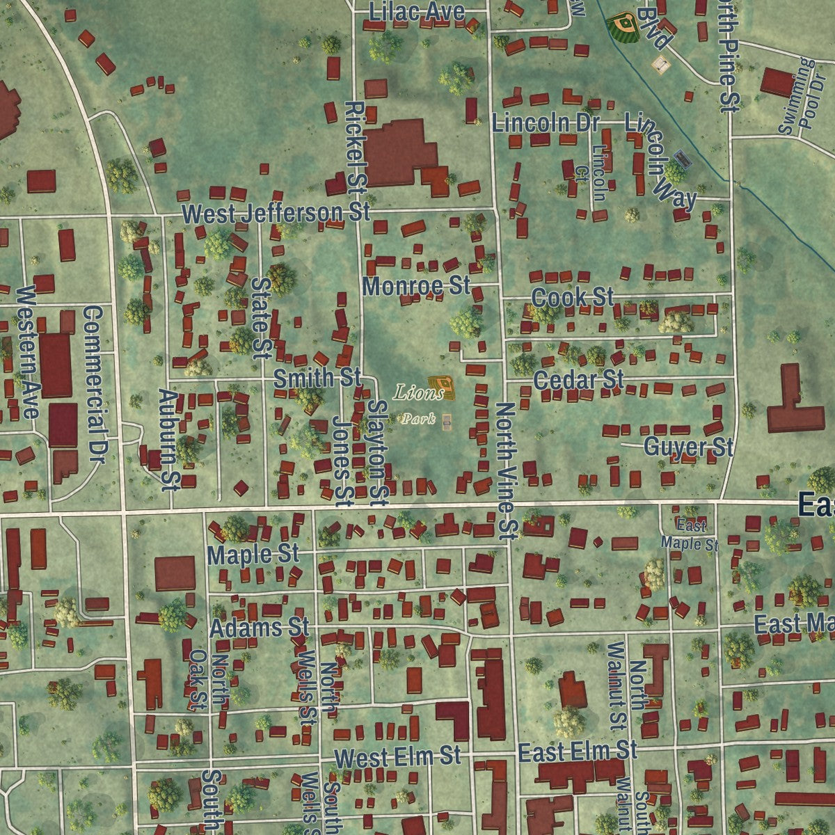 Close-up of the map of West Union, Iowa print showing street and building detail