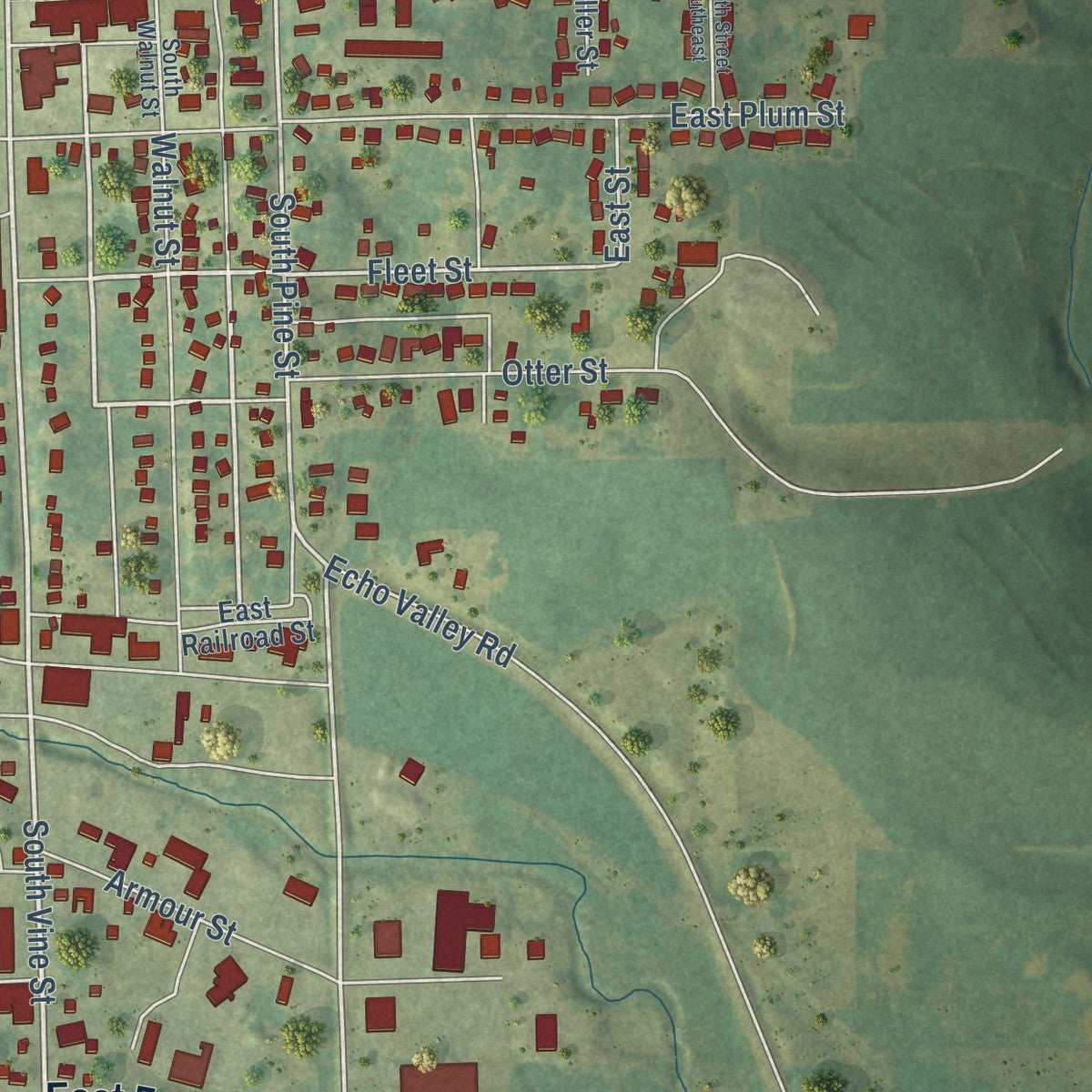 Second close-up of the map of West Union, Iowa print showing more streets and buildings