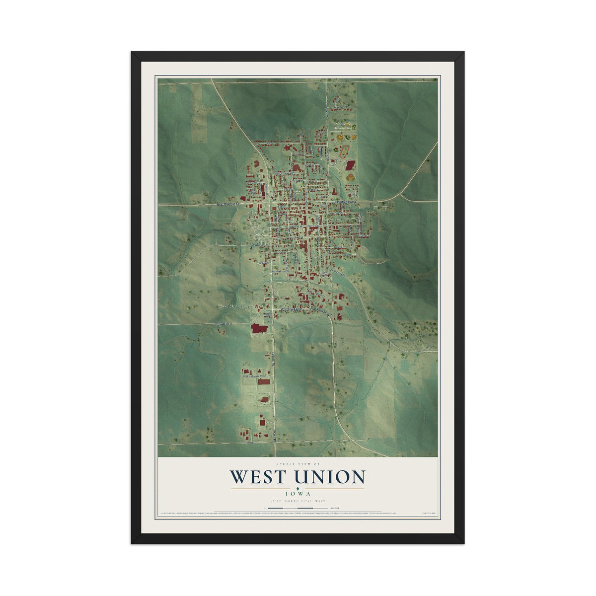 Map of West Union, Iowa, 12 x 18 inch print in a black wood frame