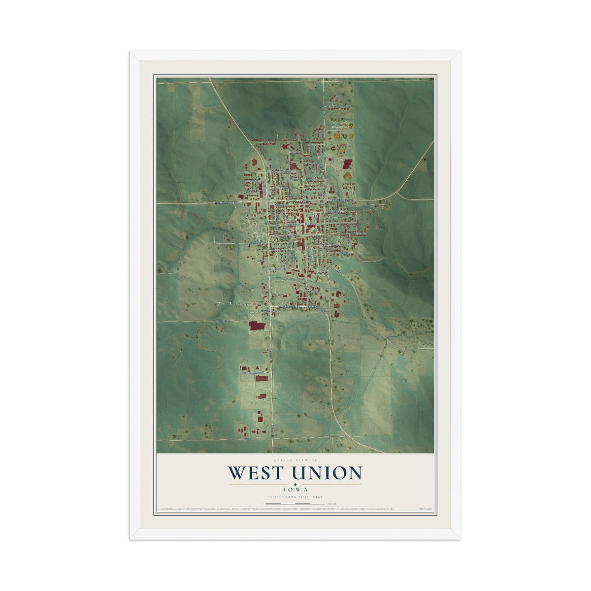 Map of West Union, Iowa, 12 x 18 inch print in a white wood frame