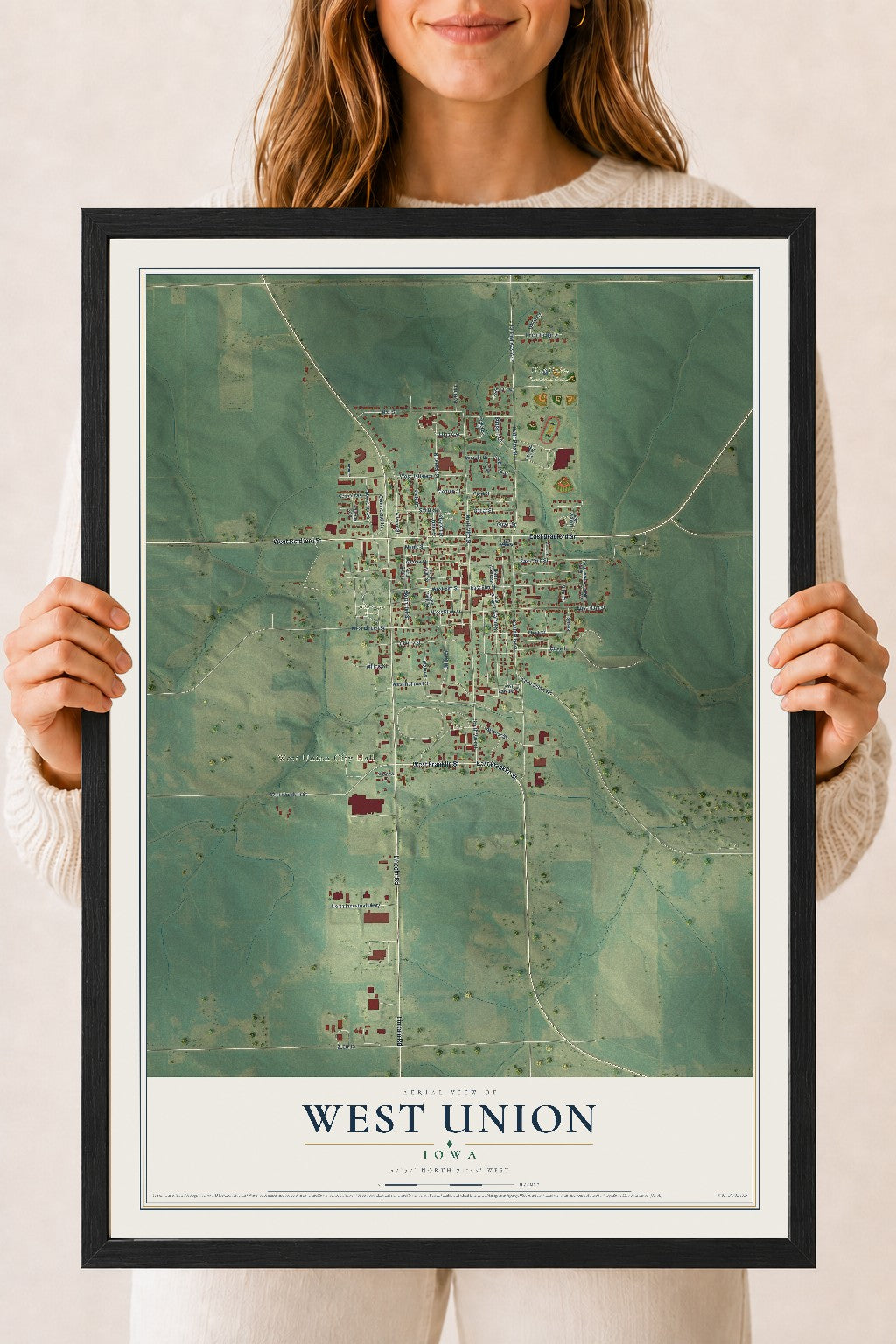 Map of West Union, Iowa, 18 x 24 inch print in a black wood frame