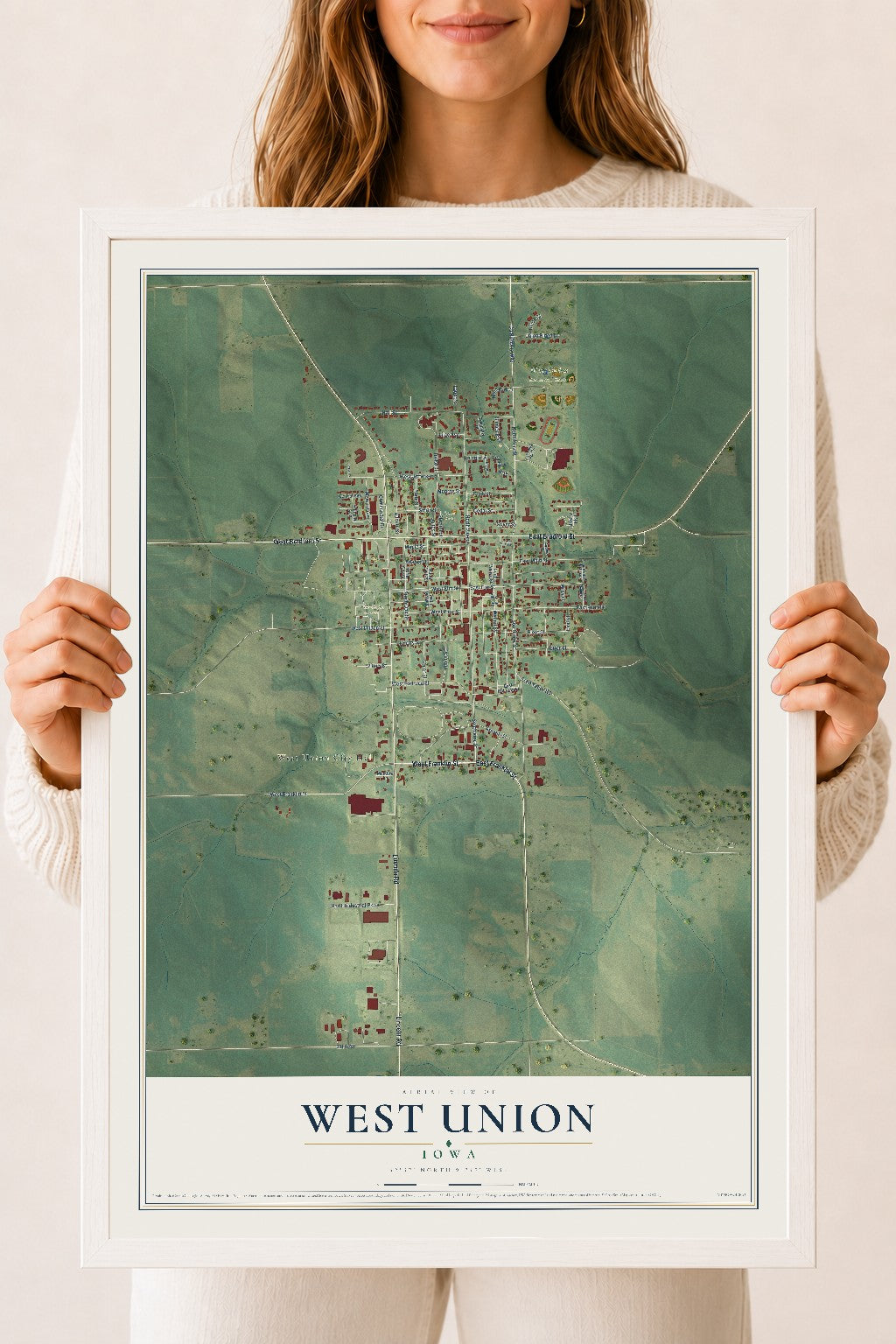 Map of West Union, Iowa, 18 x 24 inch print in a white wood frame