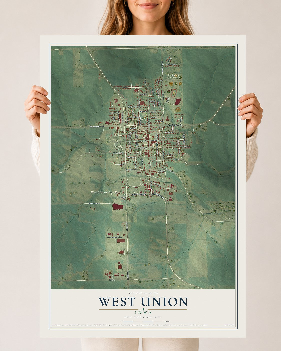 Map of West Union, Iowa, 24 x 36 inch unframed archival matte print