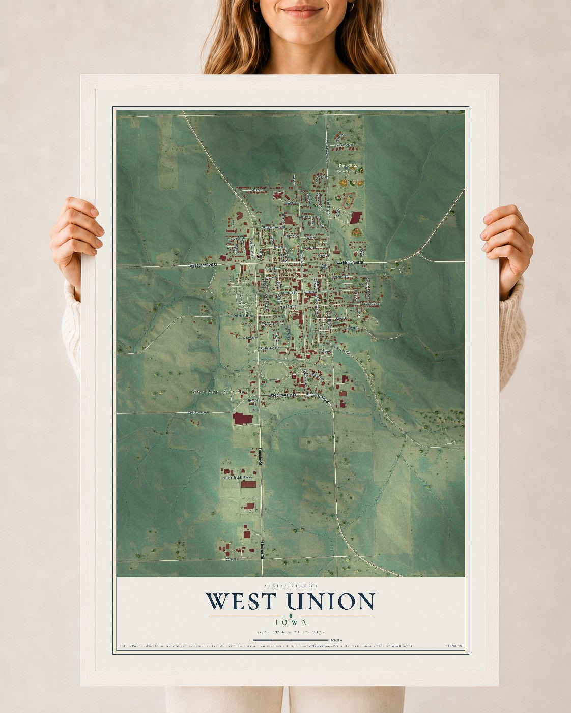 Map of West Union, Iowa, 24 x 36 inch print in a white wood frame