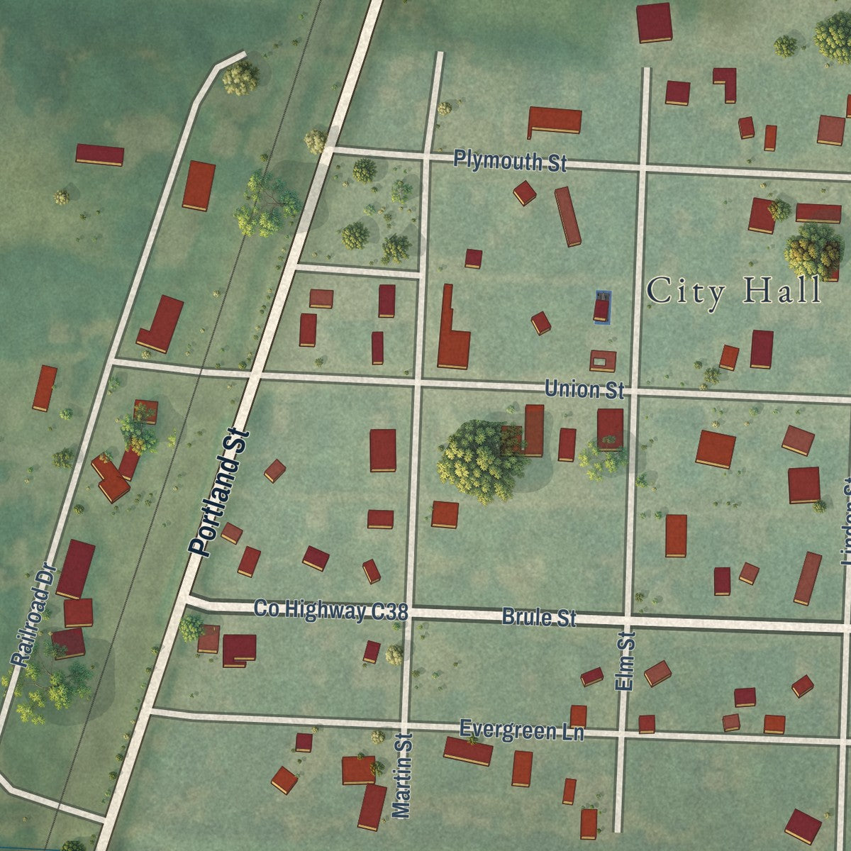 Close-up of the map of Westfield, Iowa print showing street and building detail