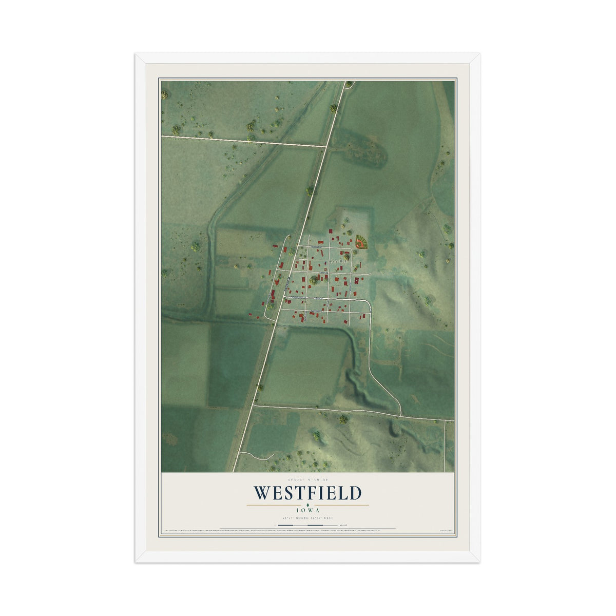 Map of Westfield, Iowa, 12 x 18 inch print in a white wood frame