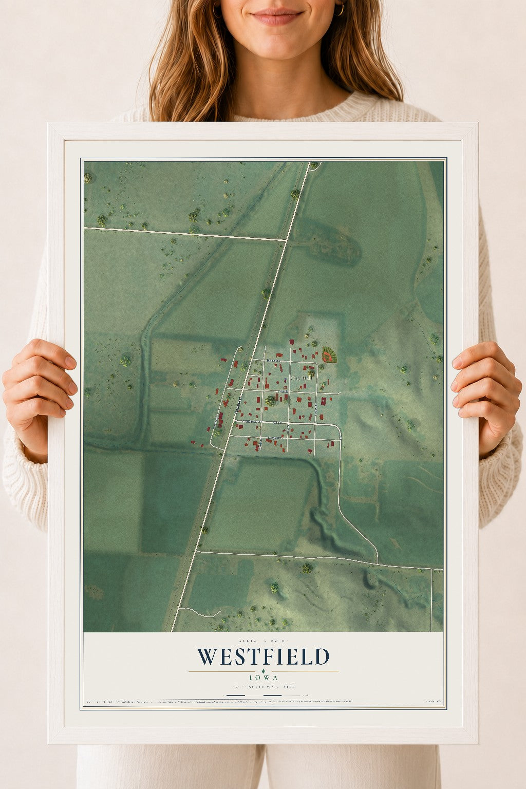 Map of Westfield, Iowa, 18 x 24 inch print in a white wood frame