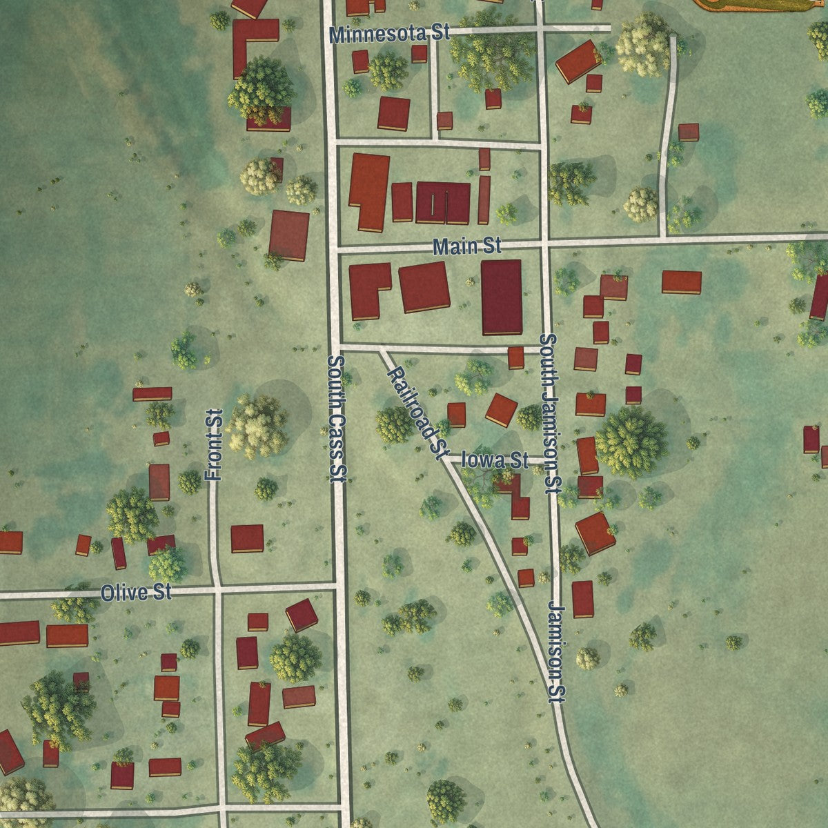 Close-up of the map of Westgate, Iowa print showing street and building detail