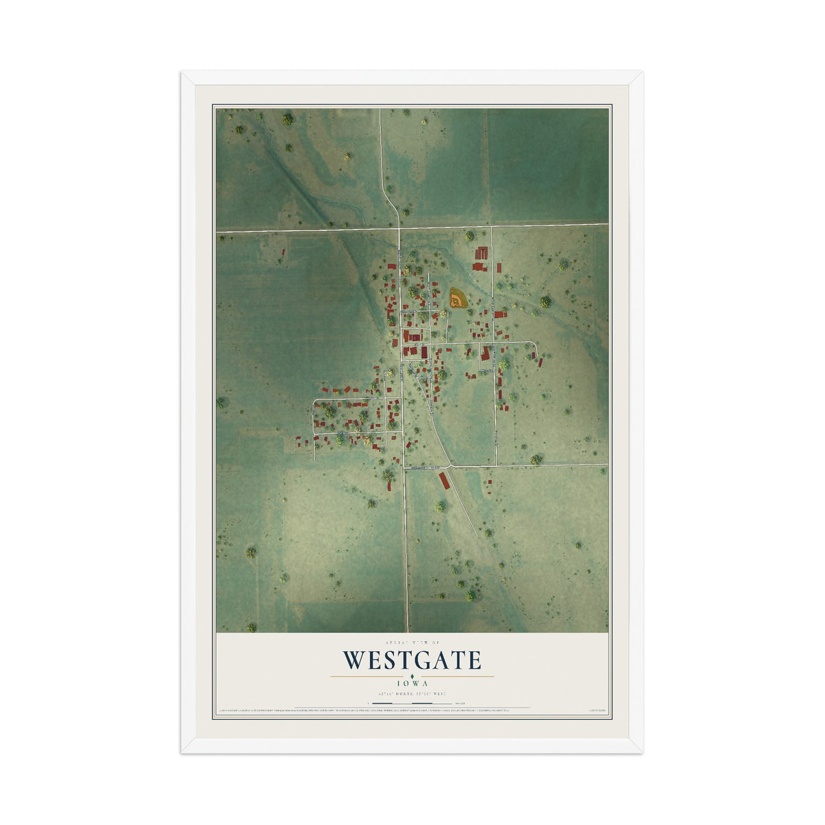 Map of Westgate, Iowa, 12 x 18 inch print in a white wood frame