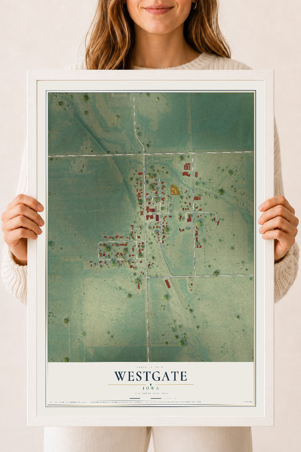 Map of Westgate, Iowa, 18 x 24 inch print in a white wood frame