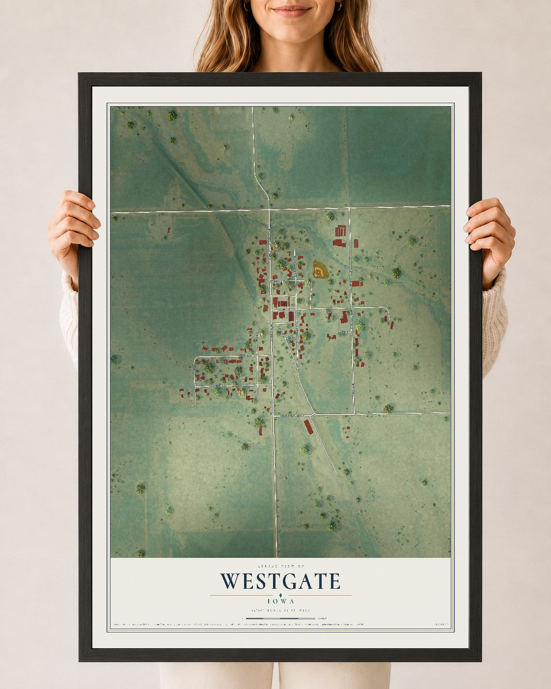 Map of Westgate, Iowa, 24 x 36 inch print in a black wood frame