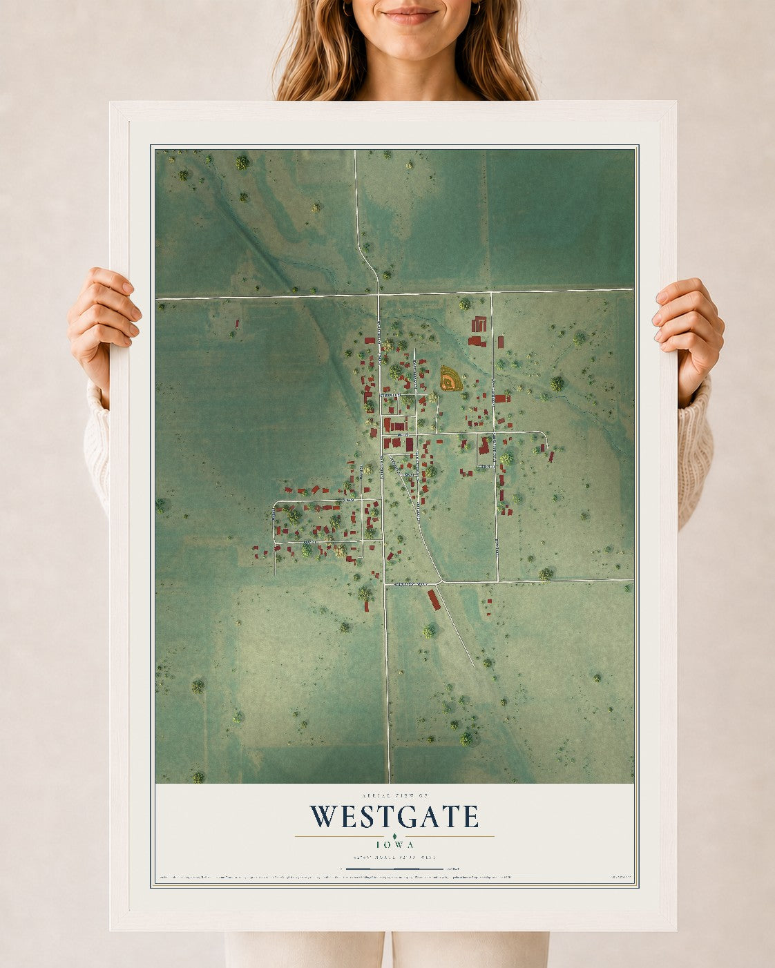 Map of Westgate, Iowa, 24 x 36 inch print in a white wood frame