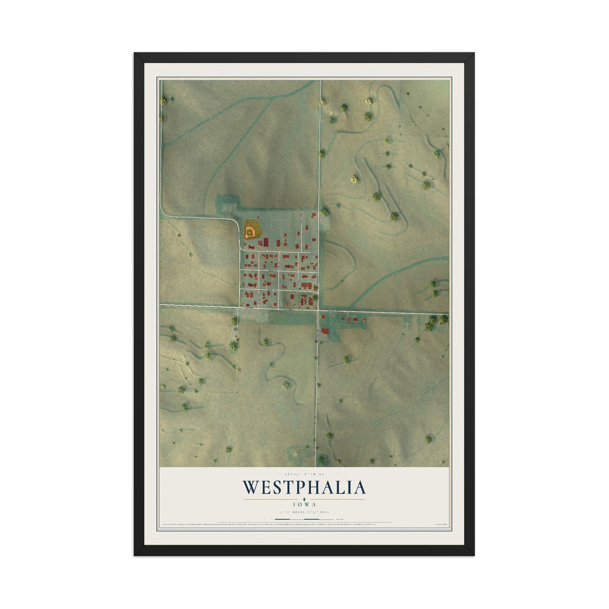 Map of Westphalia, Iowa, 12 x 18 inch print in a black wood frame