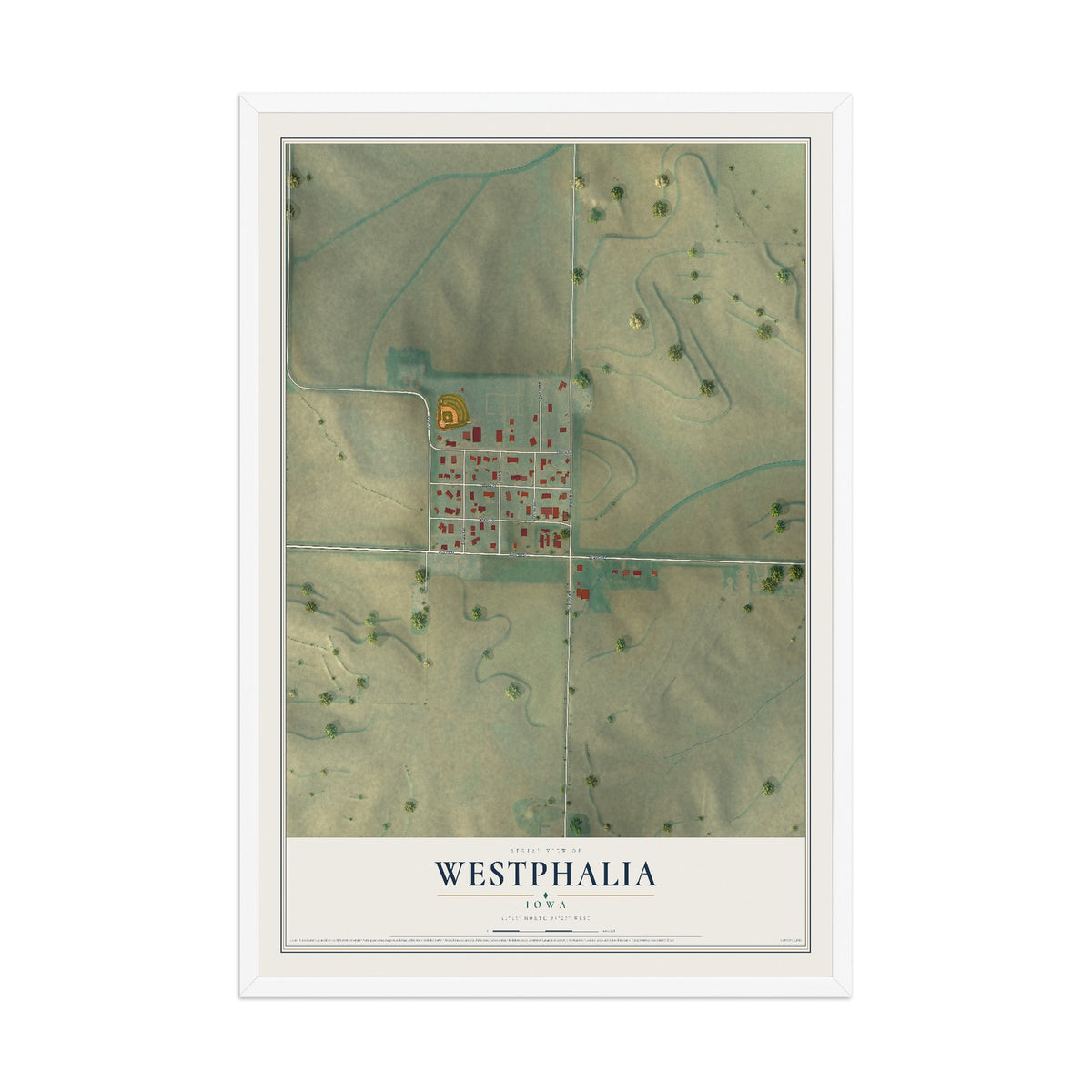 Map of Westphalia, Iowa, 12 x 18 inch print in a white wood frame