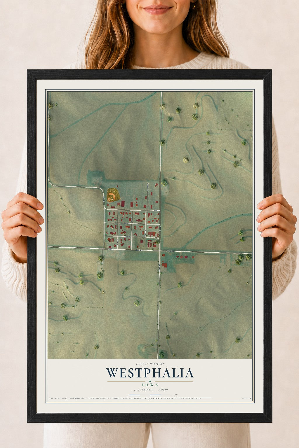 Map of Westphalia, Iowa, 18 x 24 inch print in a black wood frame