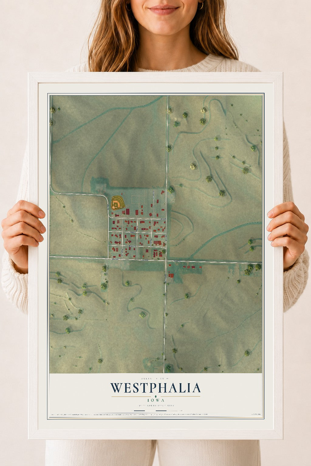 Map of Westphalia, Iowa, 18 x 24 inch print in a white wood frame