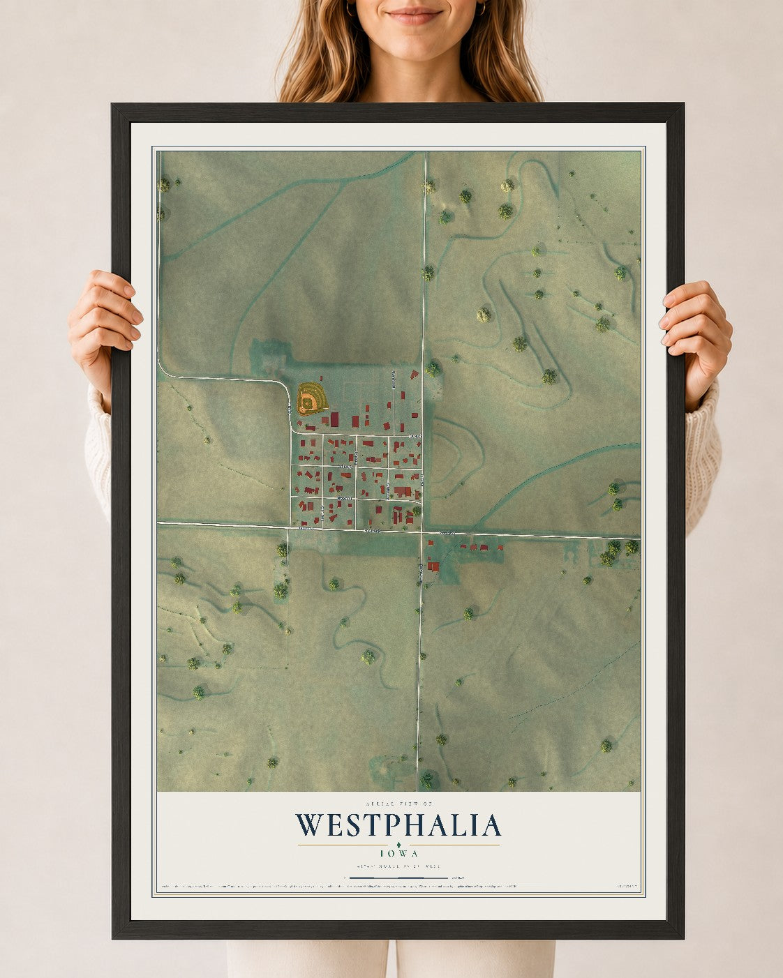 Map of Westphalia, Iowa, 24 x 36 inch print in a black wood frame