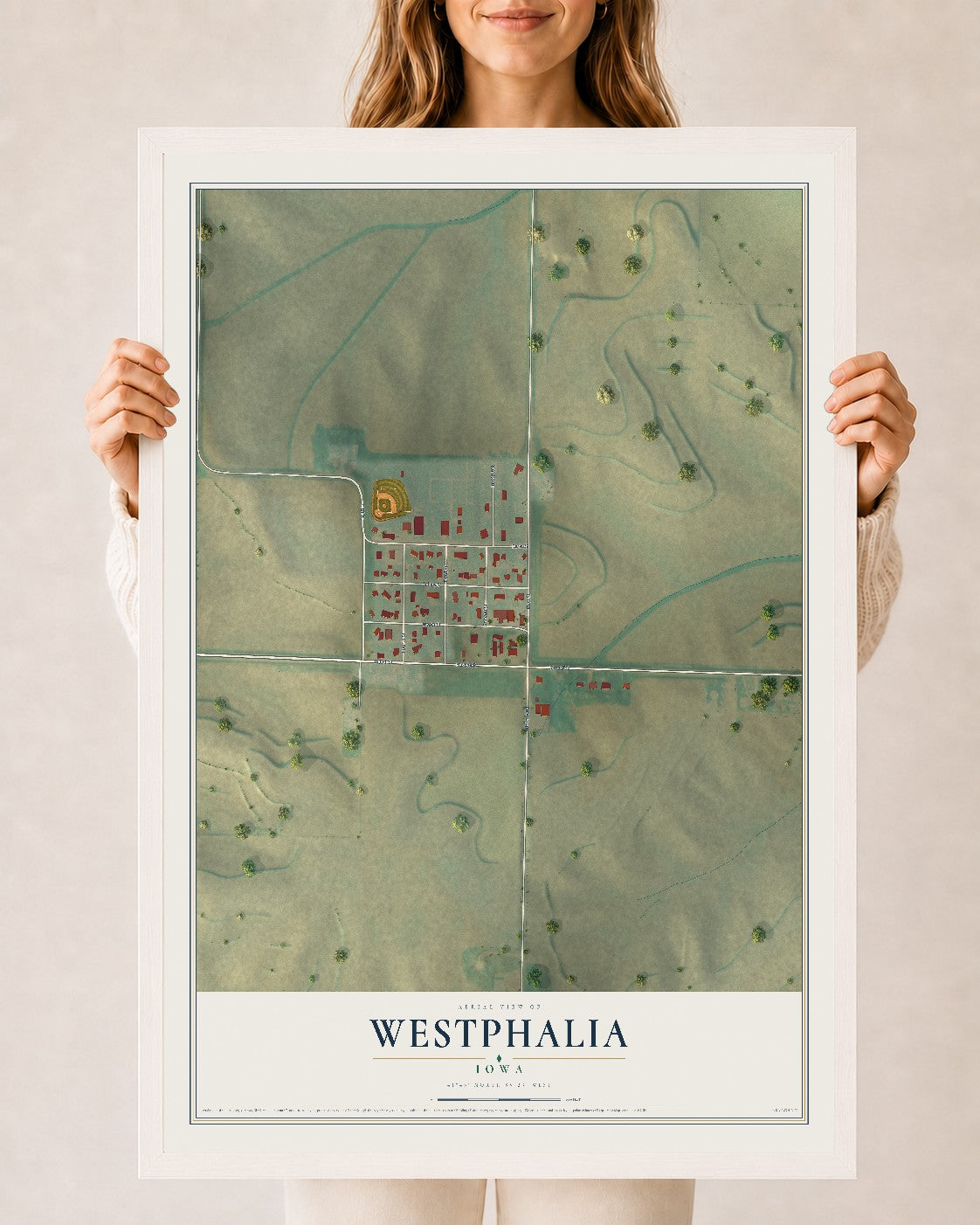 Map of Westphalia, Iowa, 24 x 36 inch print in a white wood frame