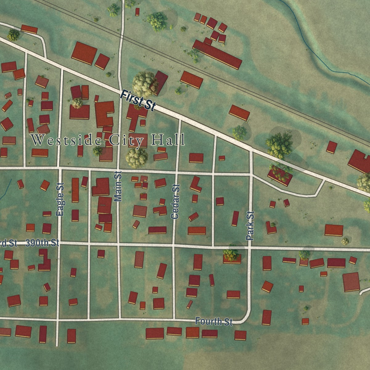Close-up of the map of Westside, Iowa print showing street and building detail
