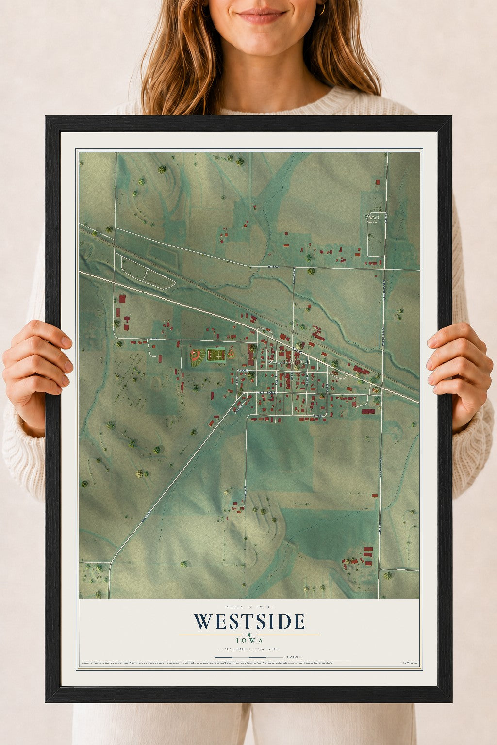 Map of Westside, Iowa, 18 x 24 inch print in a black wood frame