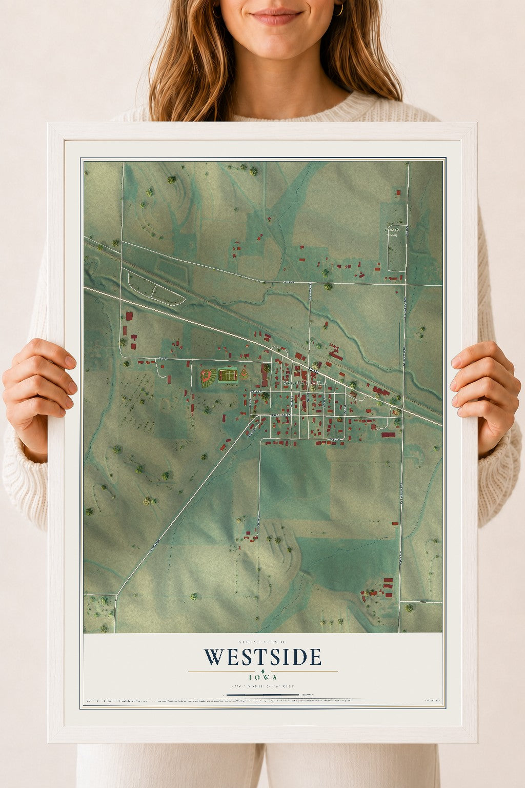 Map of Westside, Iowa, 18 x 24 inch print in a white wood frame