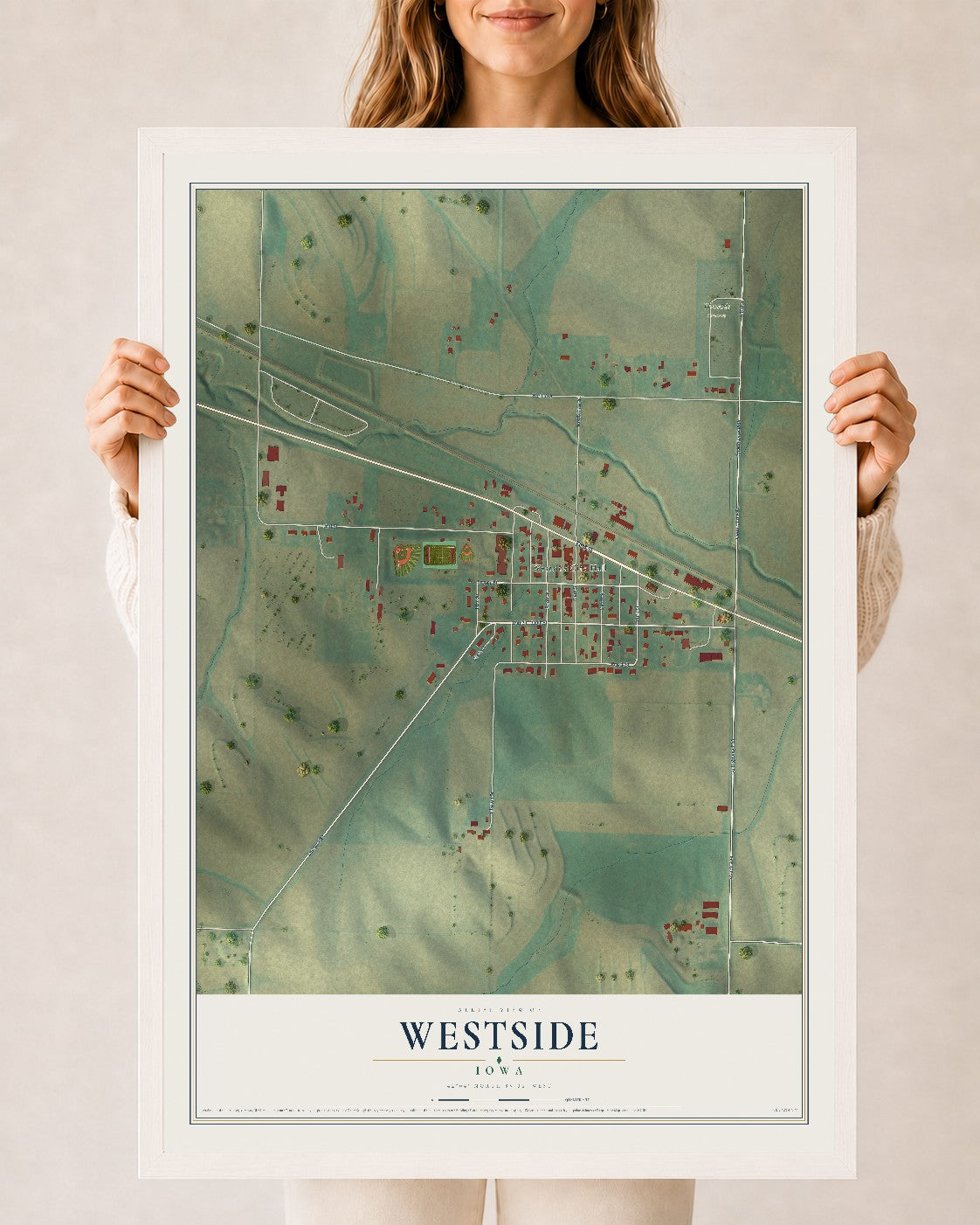 Map of Westside, Iowa, 24 x 36 inch print in a white wood frame