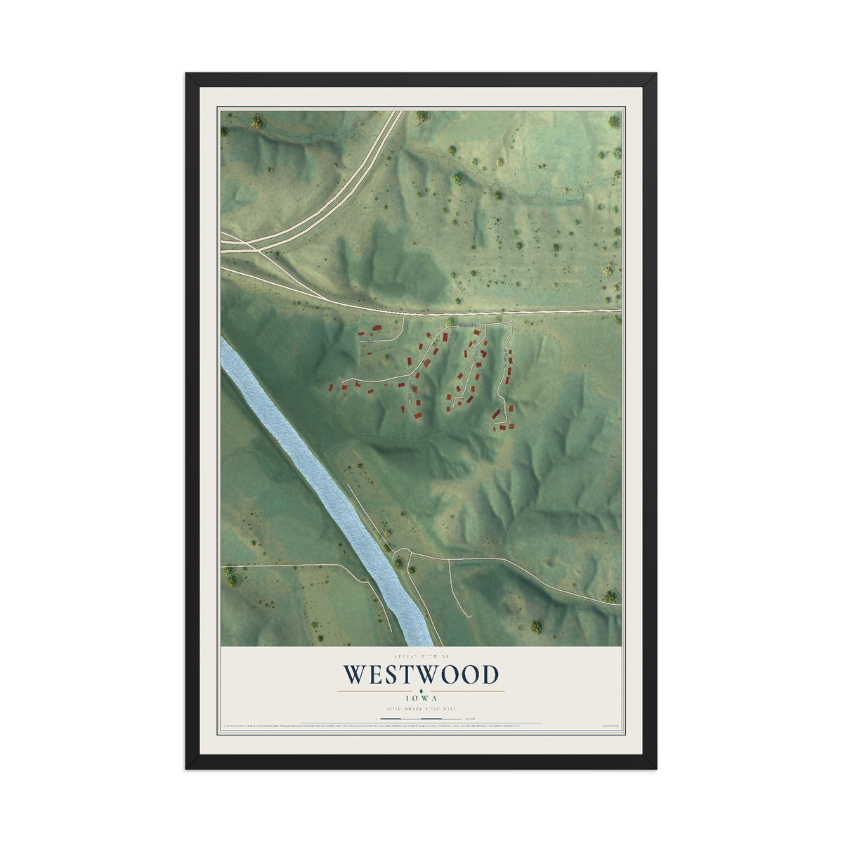 Map of Westwood, Iowa, 12 x 18 inch print in a black wood frame