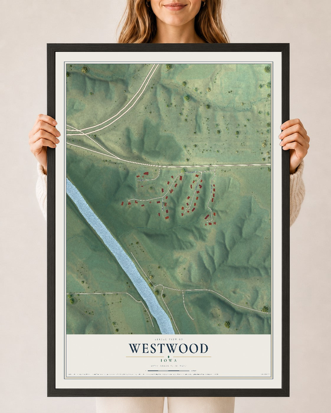 Map of Westwood, Iowa, 24 x 36 inch print in a black wood frame