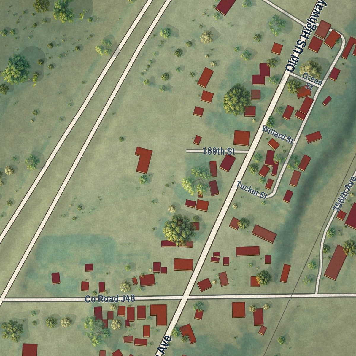 Close-up of the map of Wever, Iowa print showing street and building detail