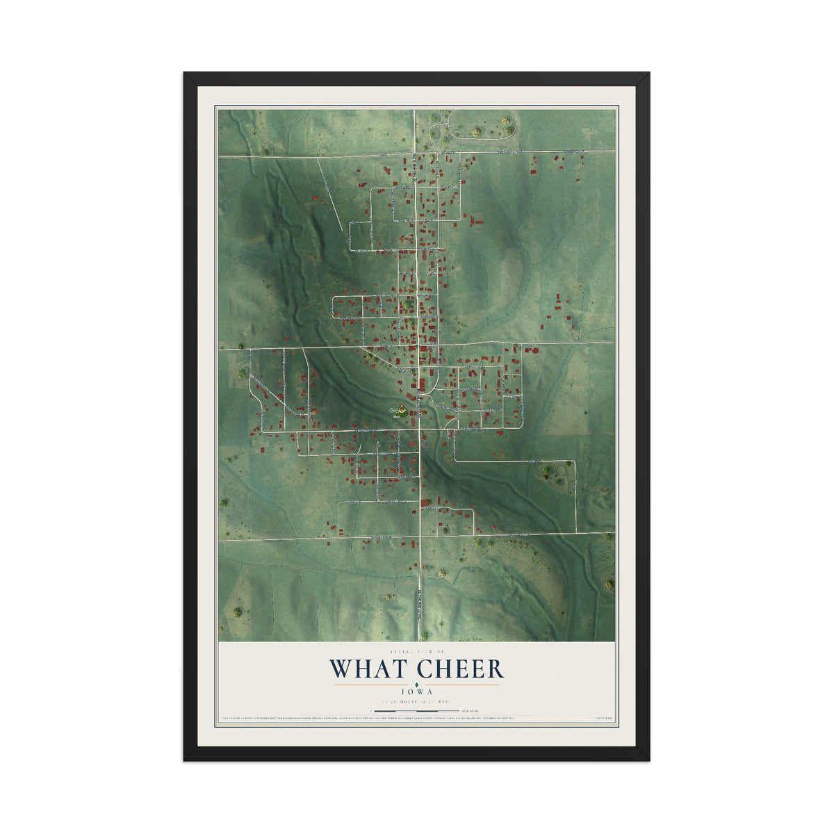 Map of What Cheer, Iowa, 12 x 18 inch print in a black wood frame