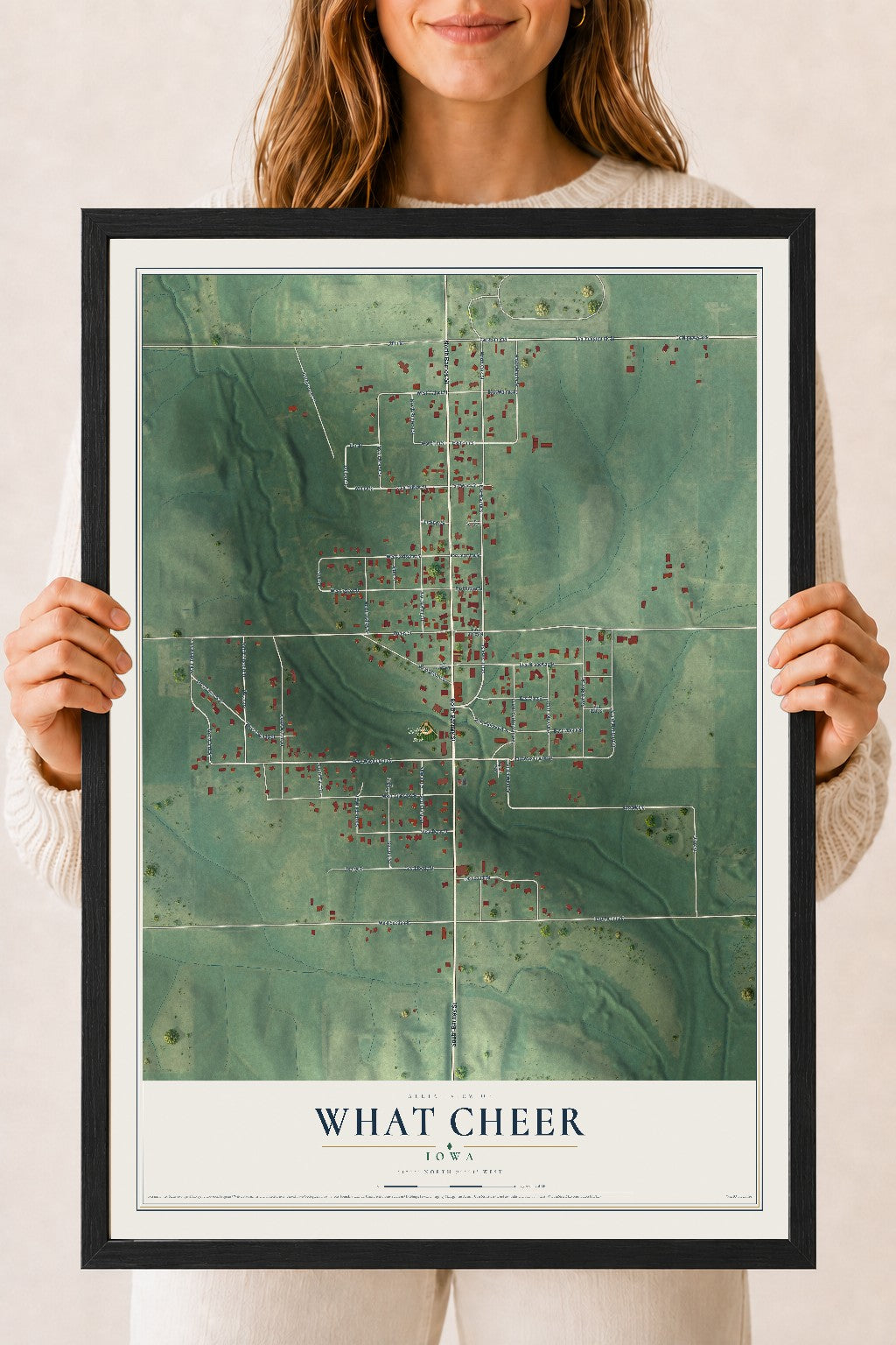Map of What Cheer, Iowa, 18 x 24 inch print in a black wood frame