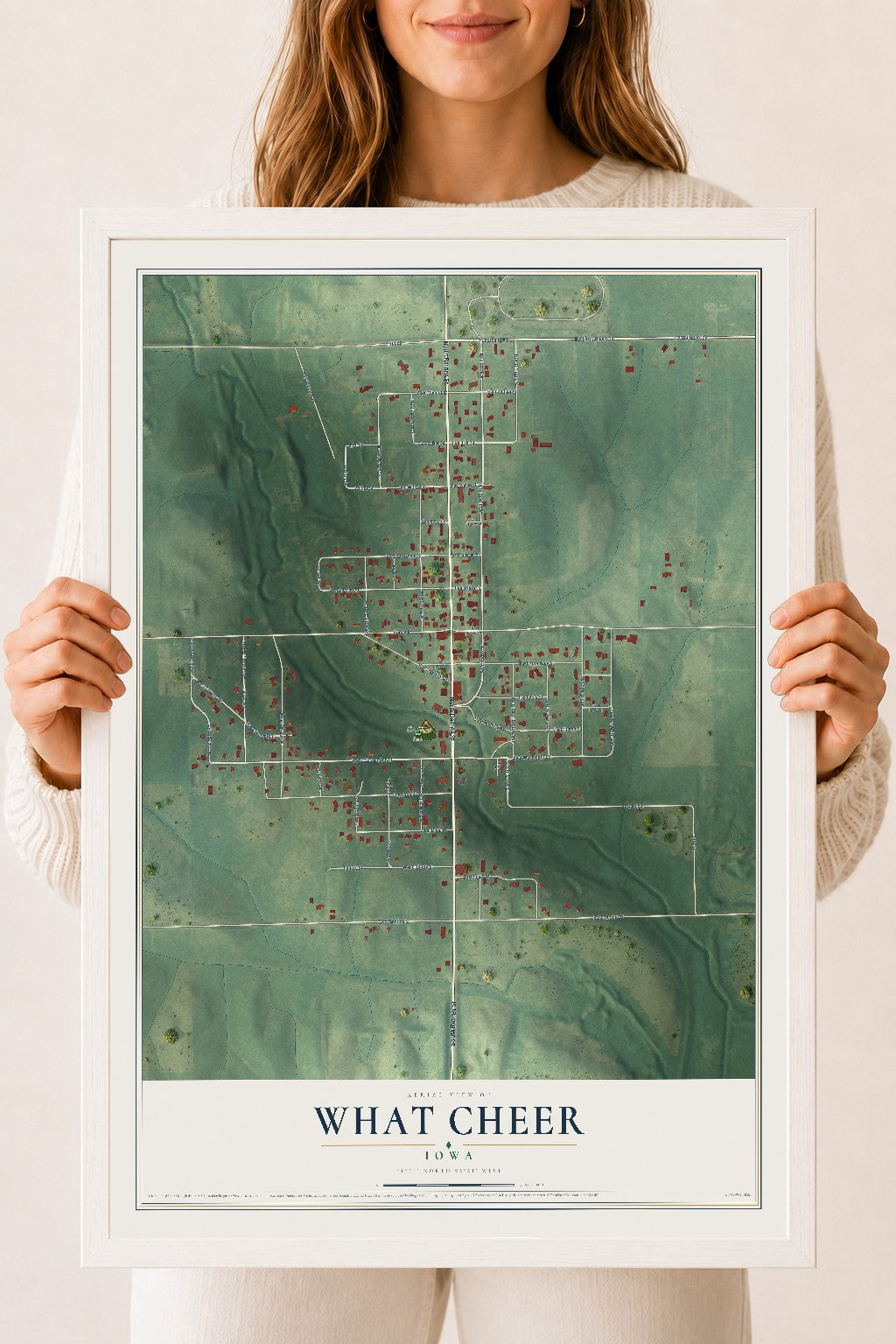 Map of What Cheer, Iowa, 18 x 24 inch print in a white wood frame