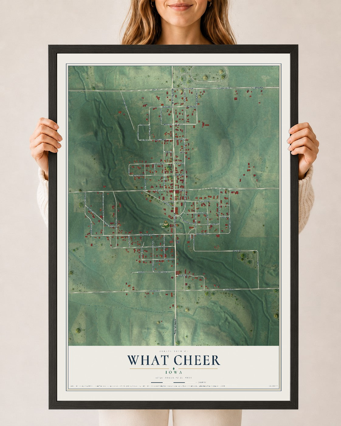 Map of What Cheer, Iowa, 24 x 36 inch print in a black wood frame