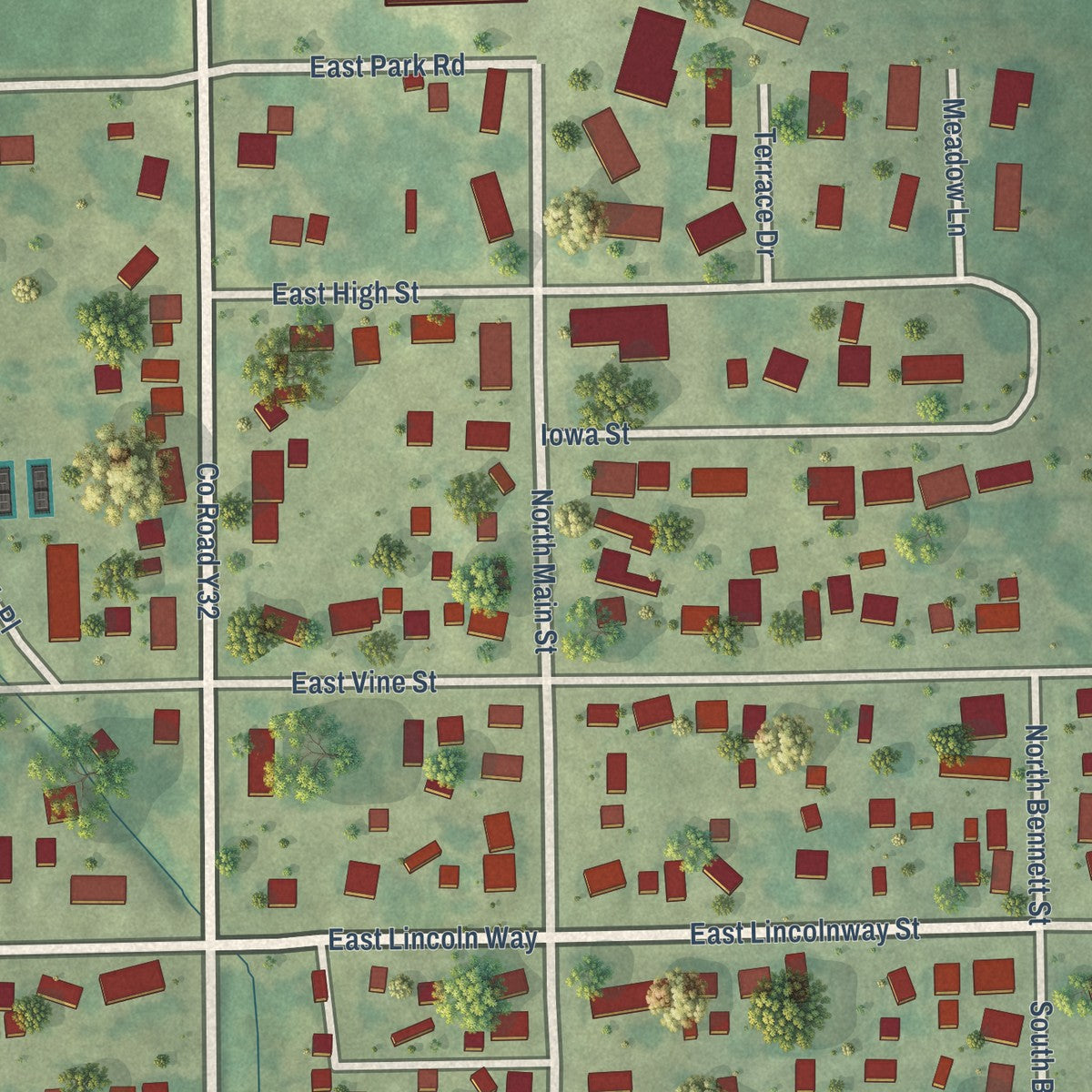 Close-up of the map of Wheatland, Iowa print showing street and building detail
