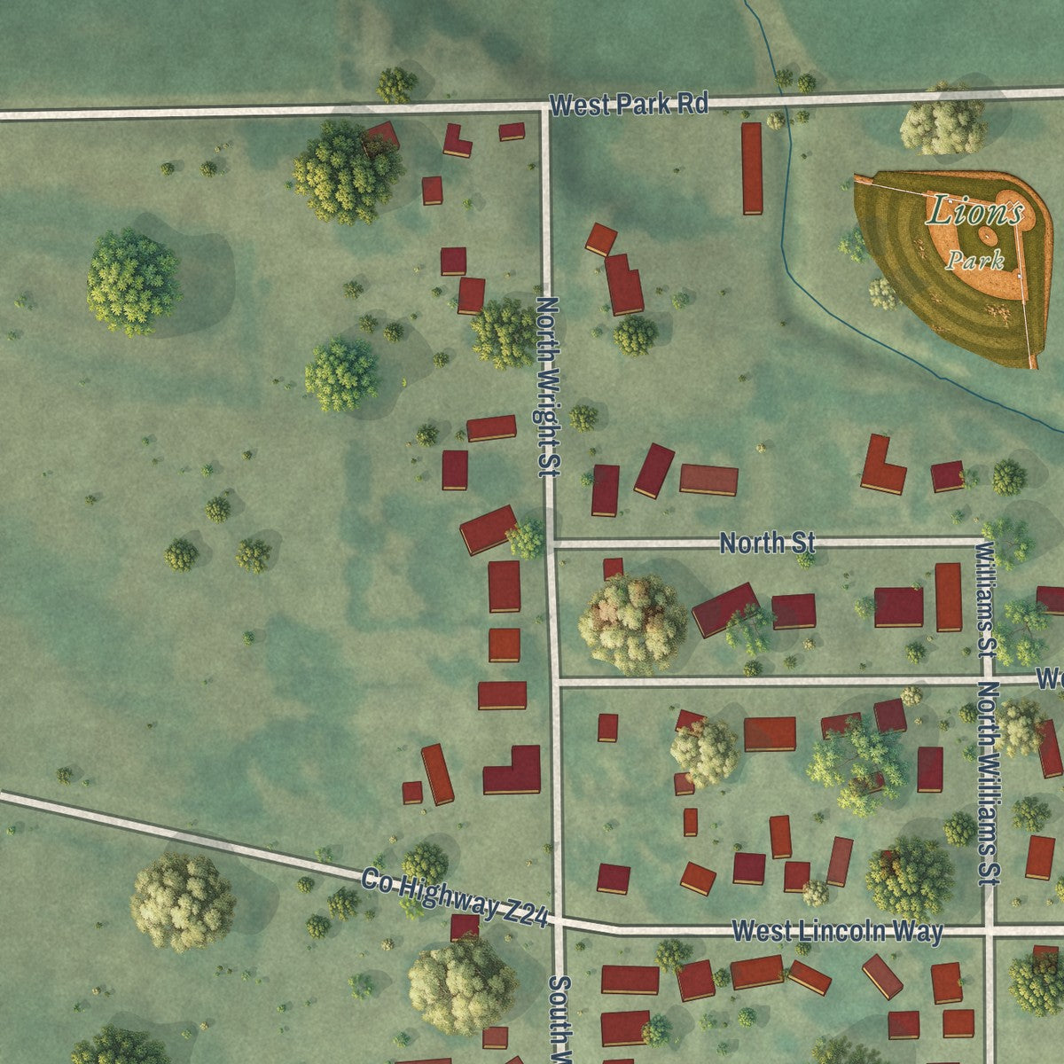 Second close-up of the map of Wheatland, Iowa print showing more streets and buildings