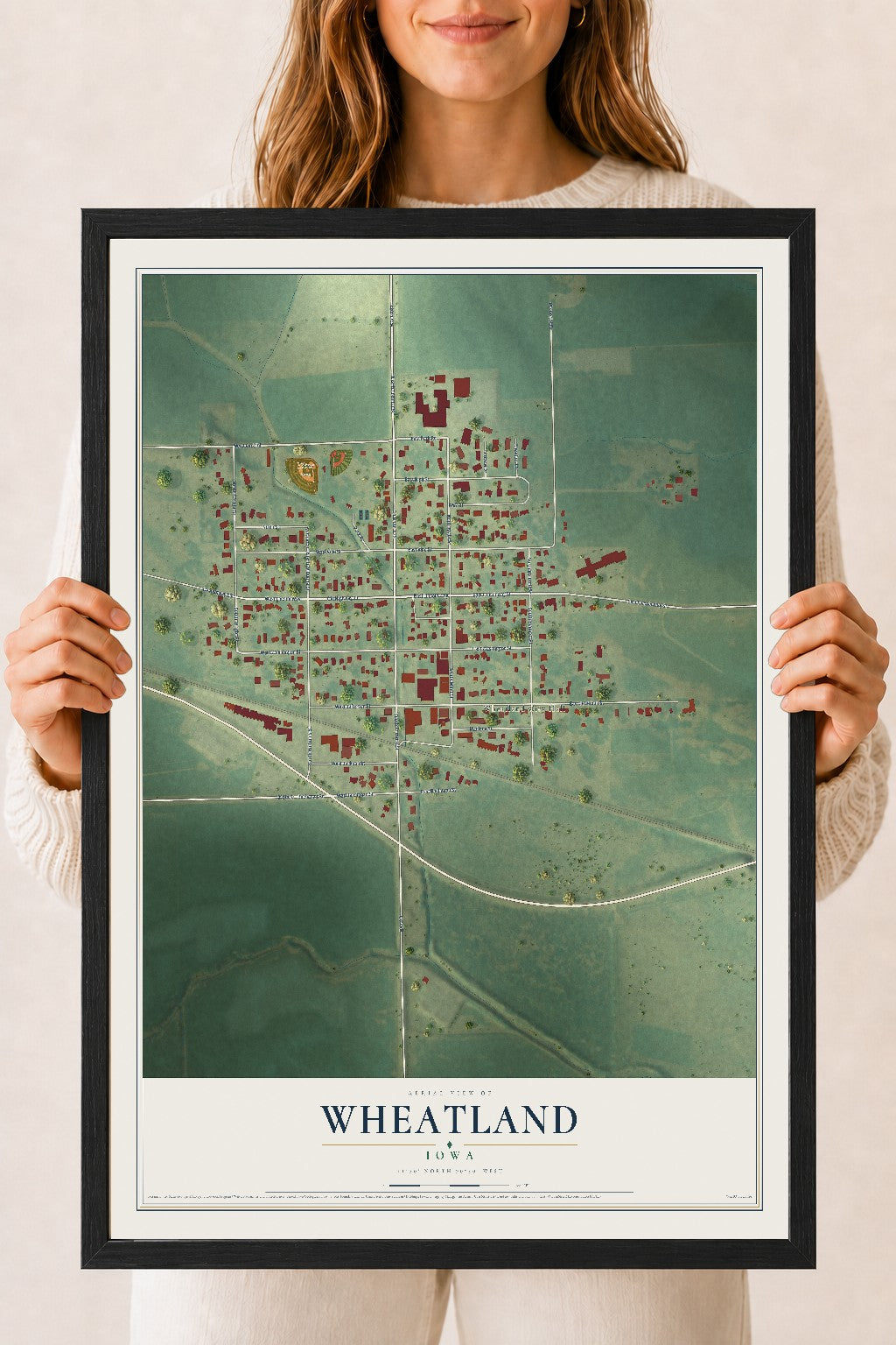 Map of Wheatland, Iowa, 18 x 24 inch print in a black wood frame