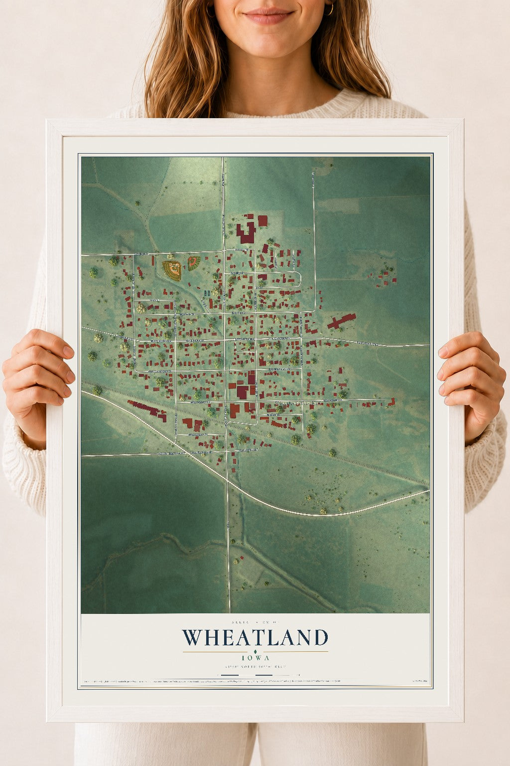 Map of Wheatland, Iowa, 18 x 24 inch print in a white wood frame