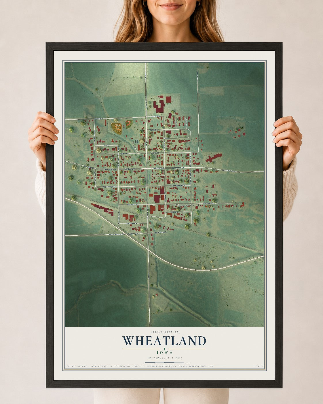Map of Wheatland, Iowa, 24 x 36 inch print in a black wood frame