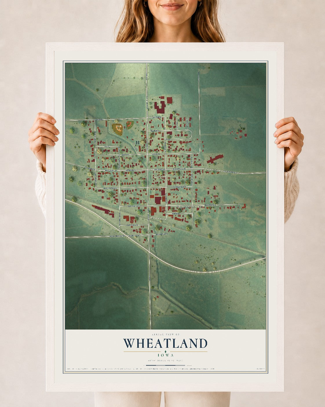 Map of Wheatland, Iowa, 24 x 36 inch print in a white wood frame