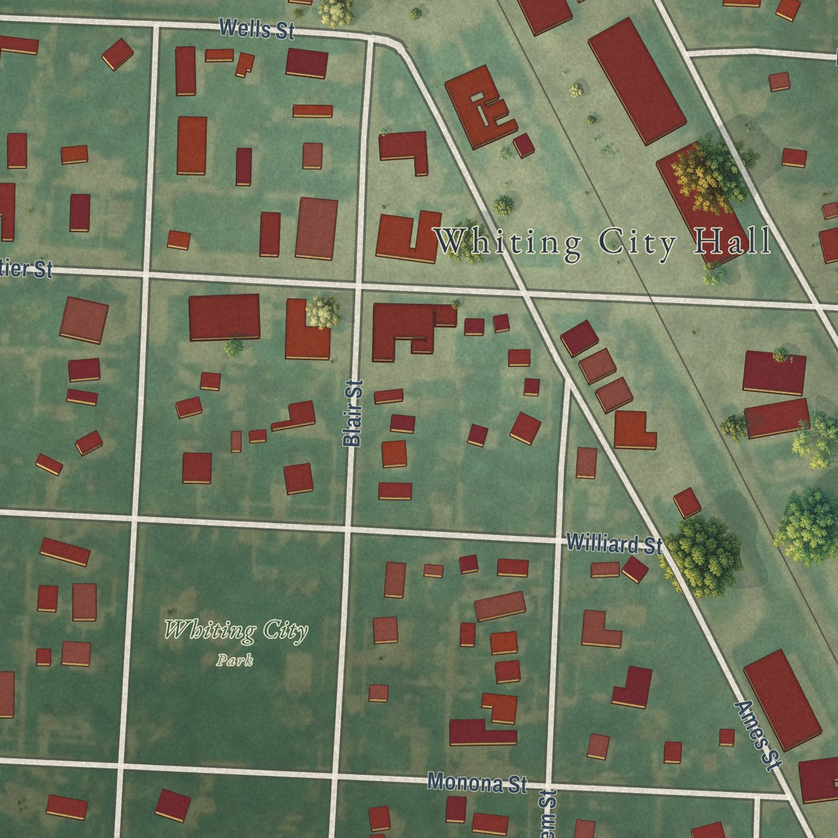 Close-up of the map of Whiting, Iowa print showing street and building detail