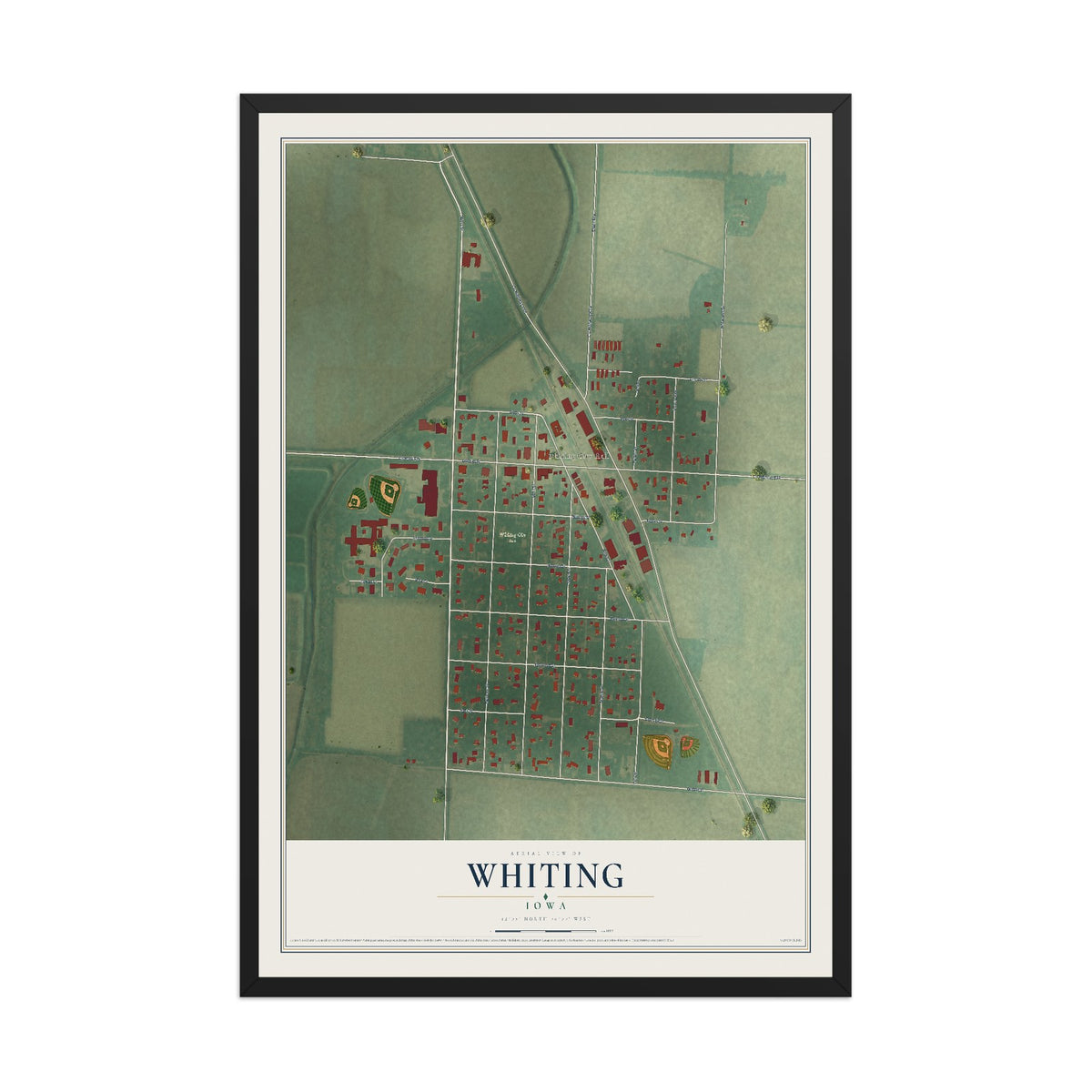 Map of Whiting, Iowa, 12 x 18 inch print in a black wood frame