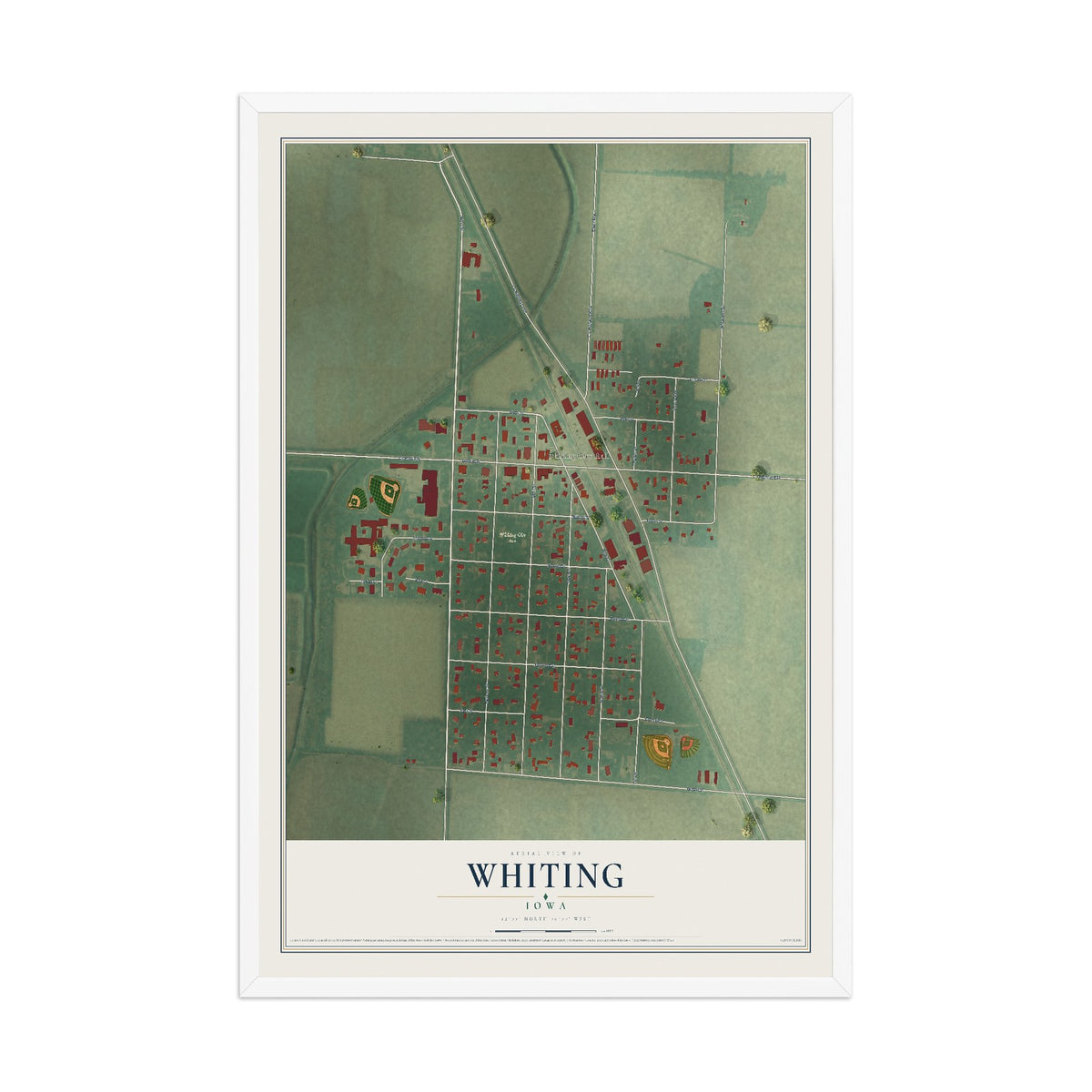 Map of Whiting, Iowa, 12 x 18 inch print in a white wood frame
