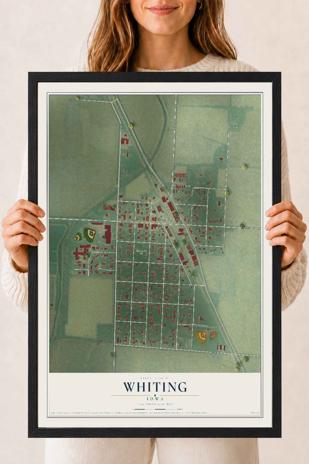 Map of Whiting, Iowa, 18 x 24 inch print in a black wood frame