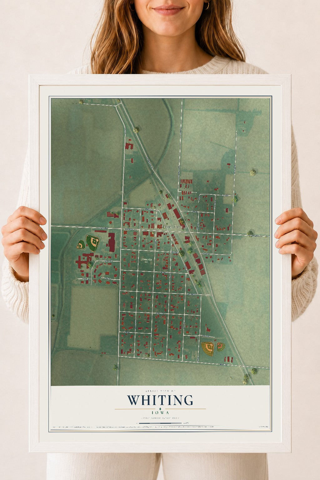 Map of Whiting, Iowa, 18 x 24 inch print in a white wood frame