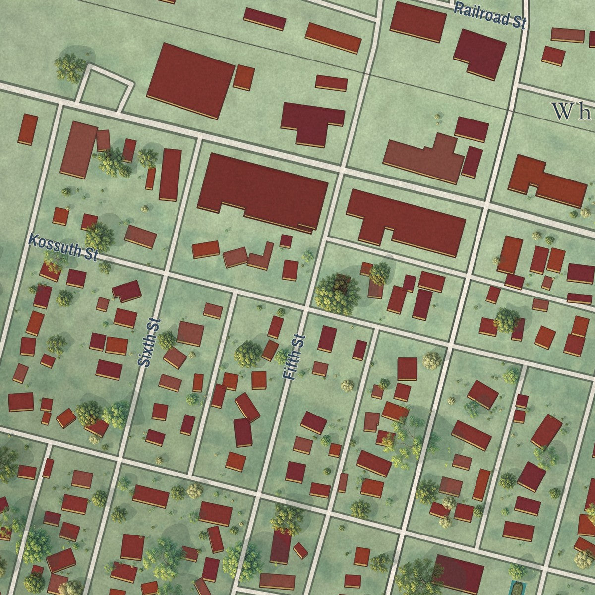 Close-up of the map of Whittemore, Iowa print showing street and building detail