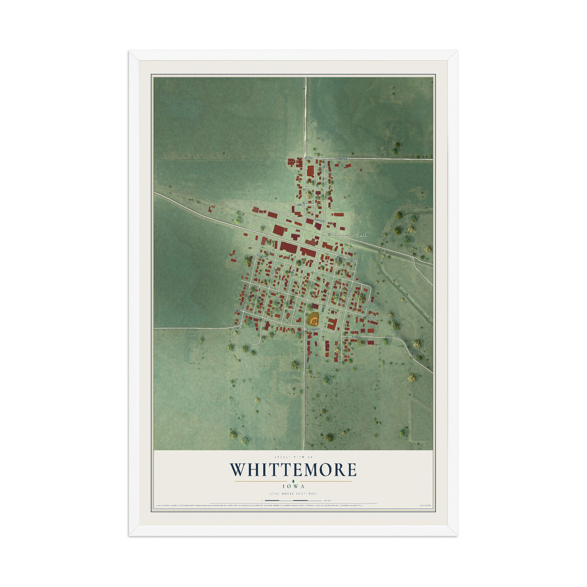 Map of Whittemore, Iowa, 12 x 18 inch print in a white wood frame