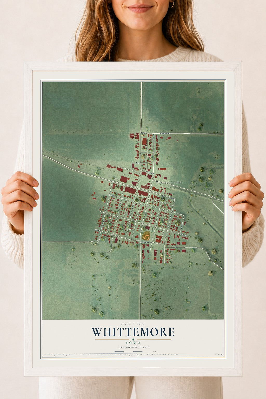 Map of Whittemore, Iowa, 18 x 24 inch print in a white wood frame