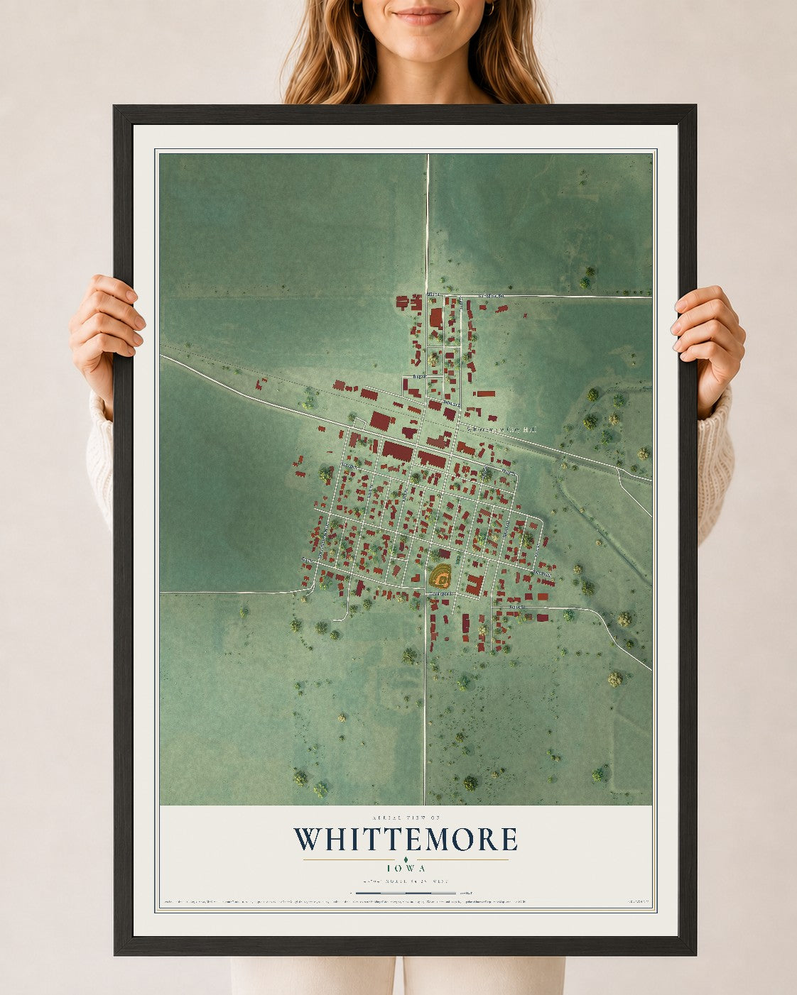 Map of Whittemore, Iowa, 24 x 36 inch print in a black wood frame