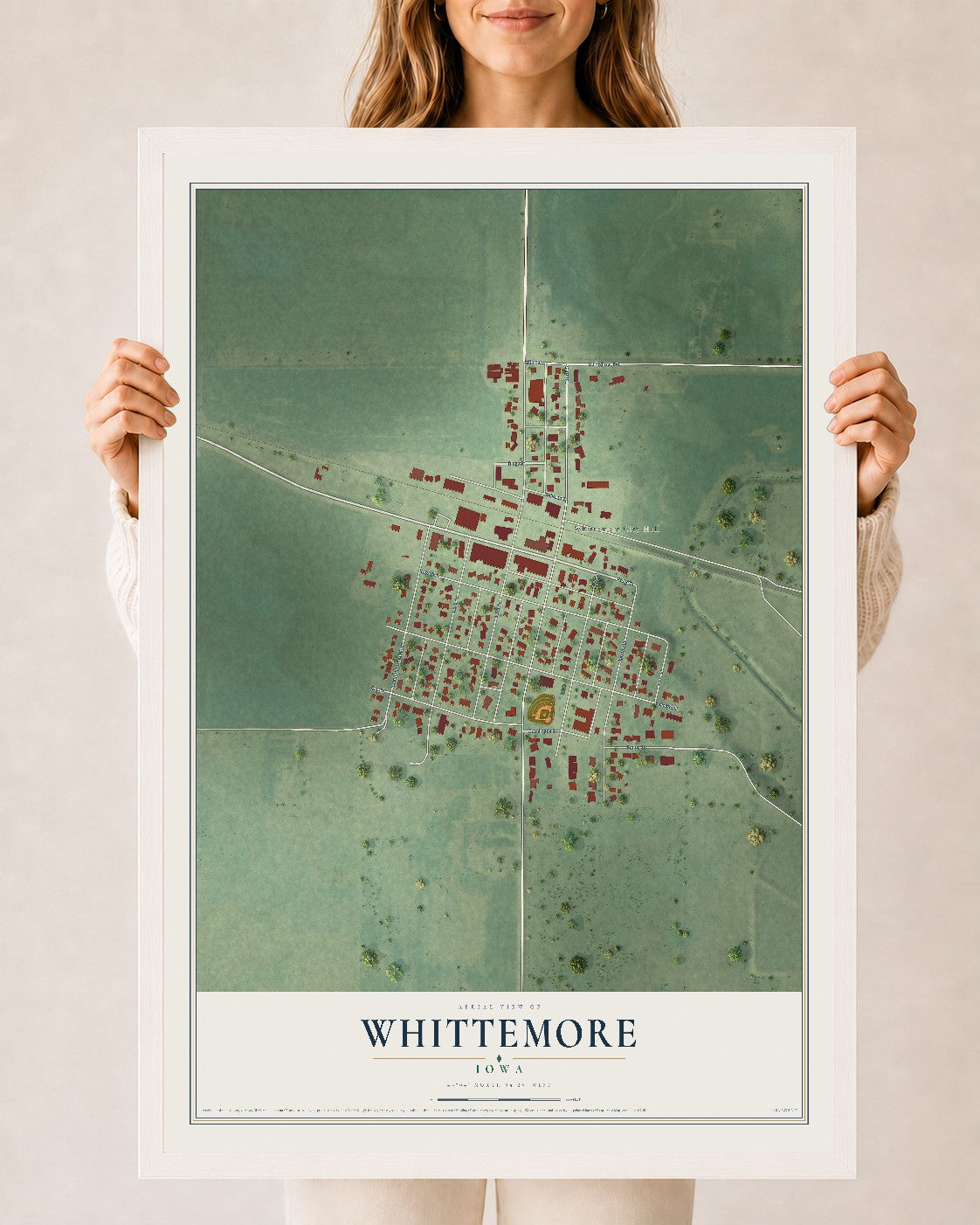 Map of Whittemore, Iowa, 24 x 36 inch print in a white wood frame