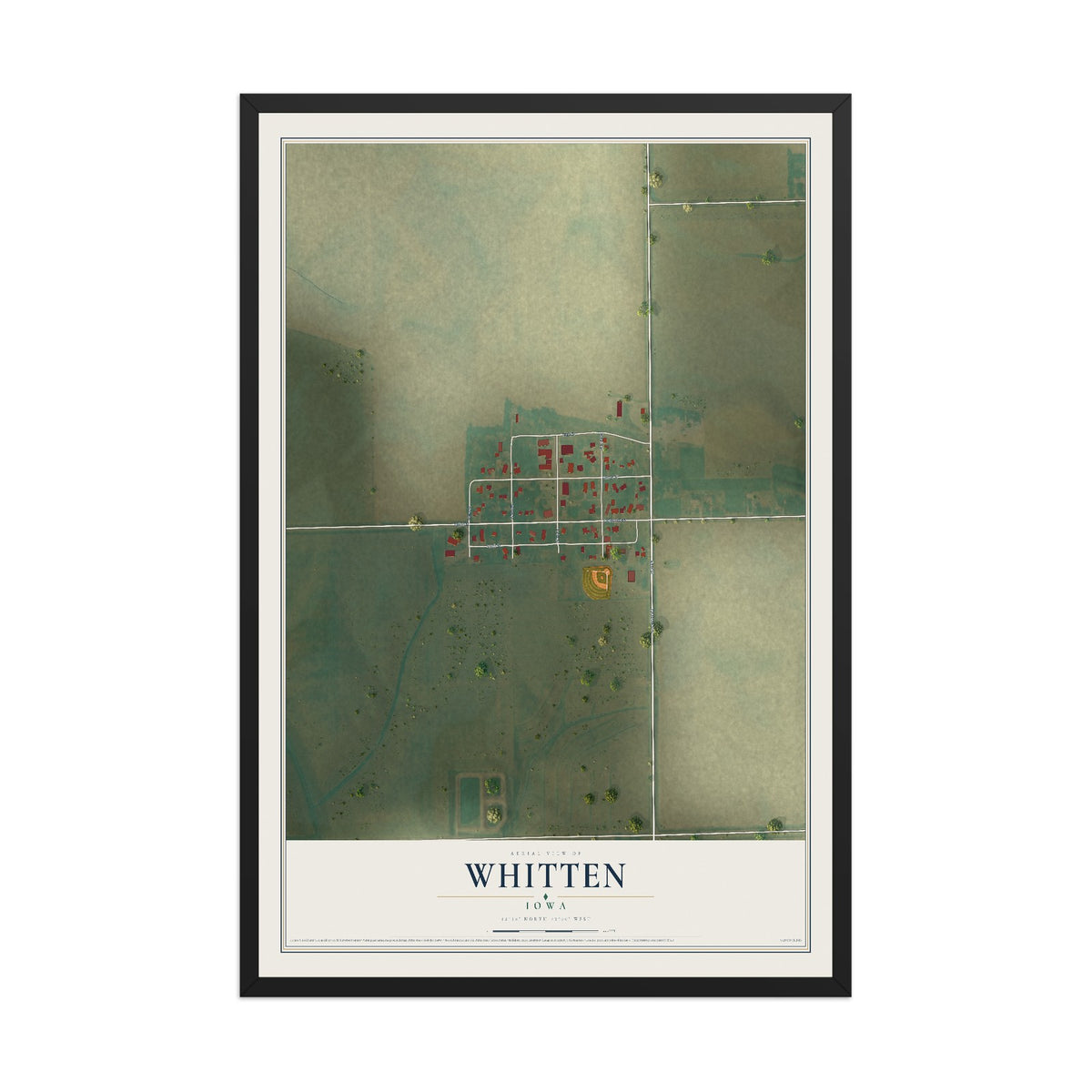 Map of Whitten, Iowa, 12 x 18 inch print in a black wood frame